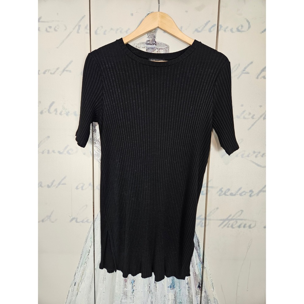 Eileen Fisher Ribbed Knit Tunic XS Black Short Sleeve Tencel Stretch Side Slit